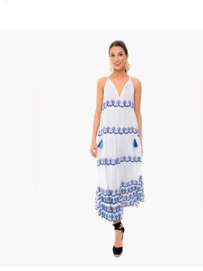 Oliphant Holland Blue and White Tiered Tassel Maxi Dress, Large